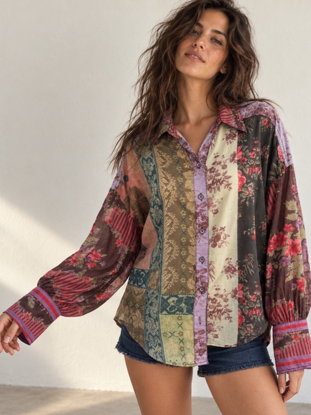 Free People We The Free Flower Patch Top Berry Combo Oversized Shirt Small